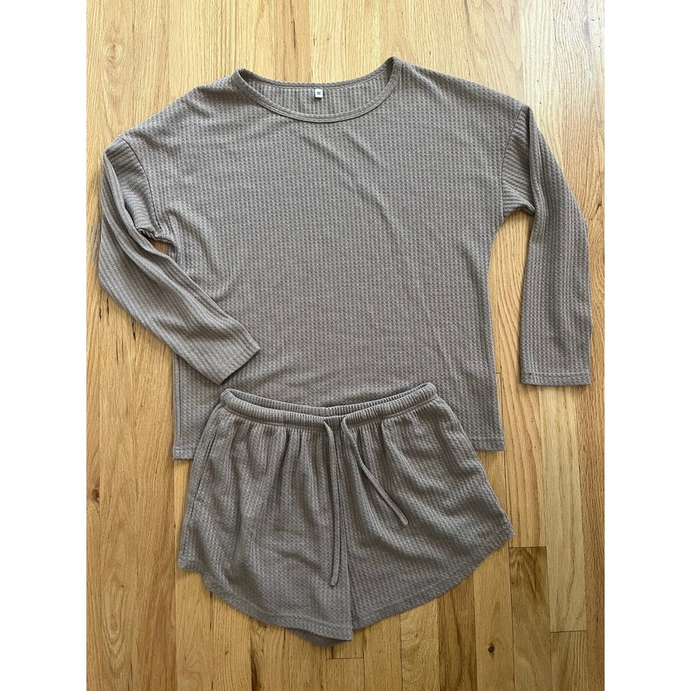 Waffle Knit Lounge Set Taupe Brown Long Sleeve Top and Shorts Two Piece Medium